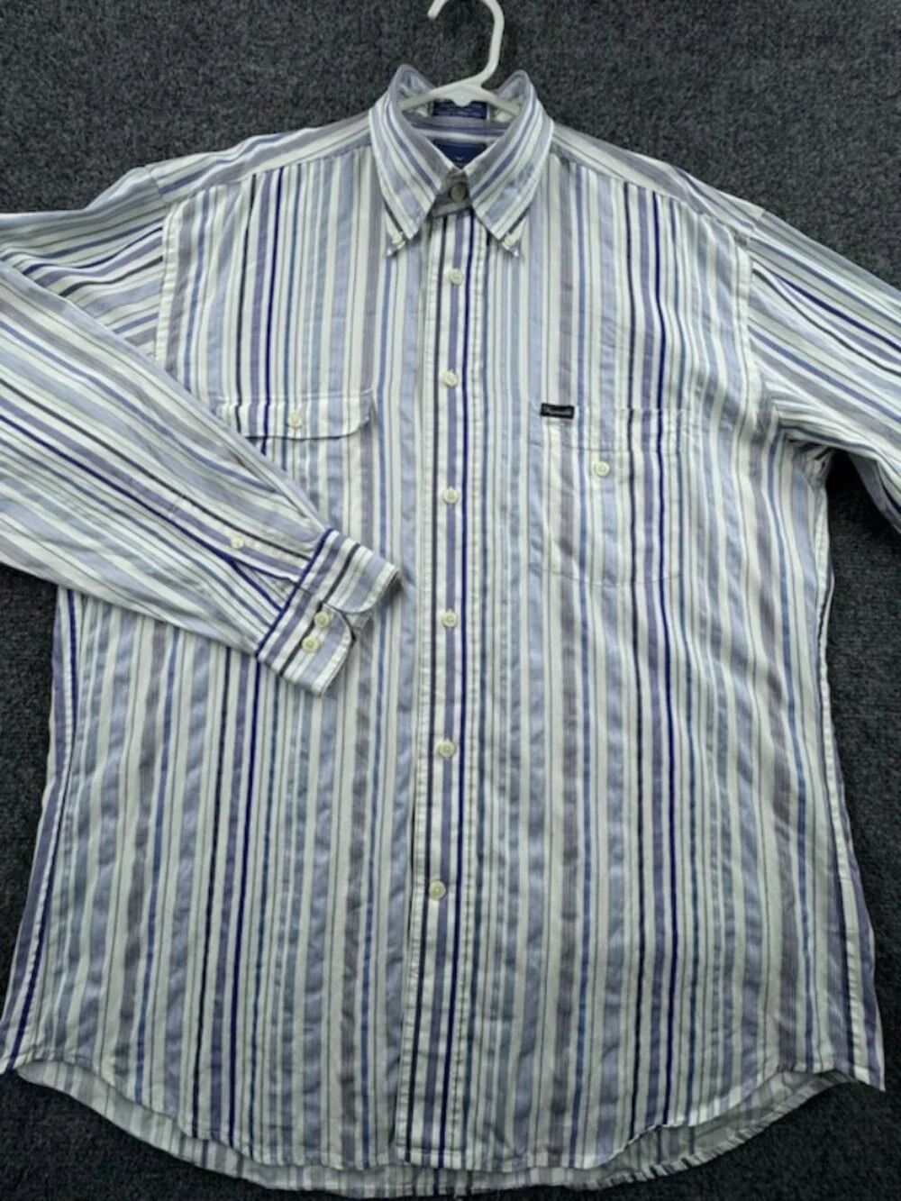 Faconnable Blue White Button-Down Striped Logo Medium Shirt Men Pocket Cotton